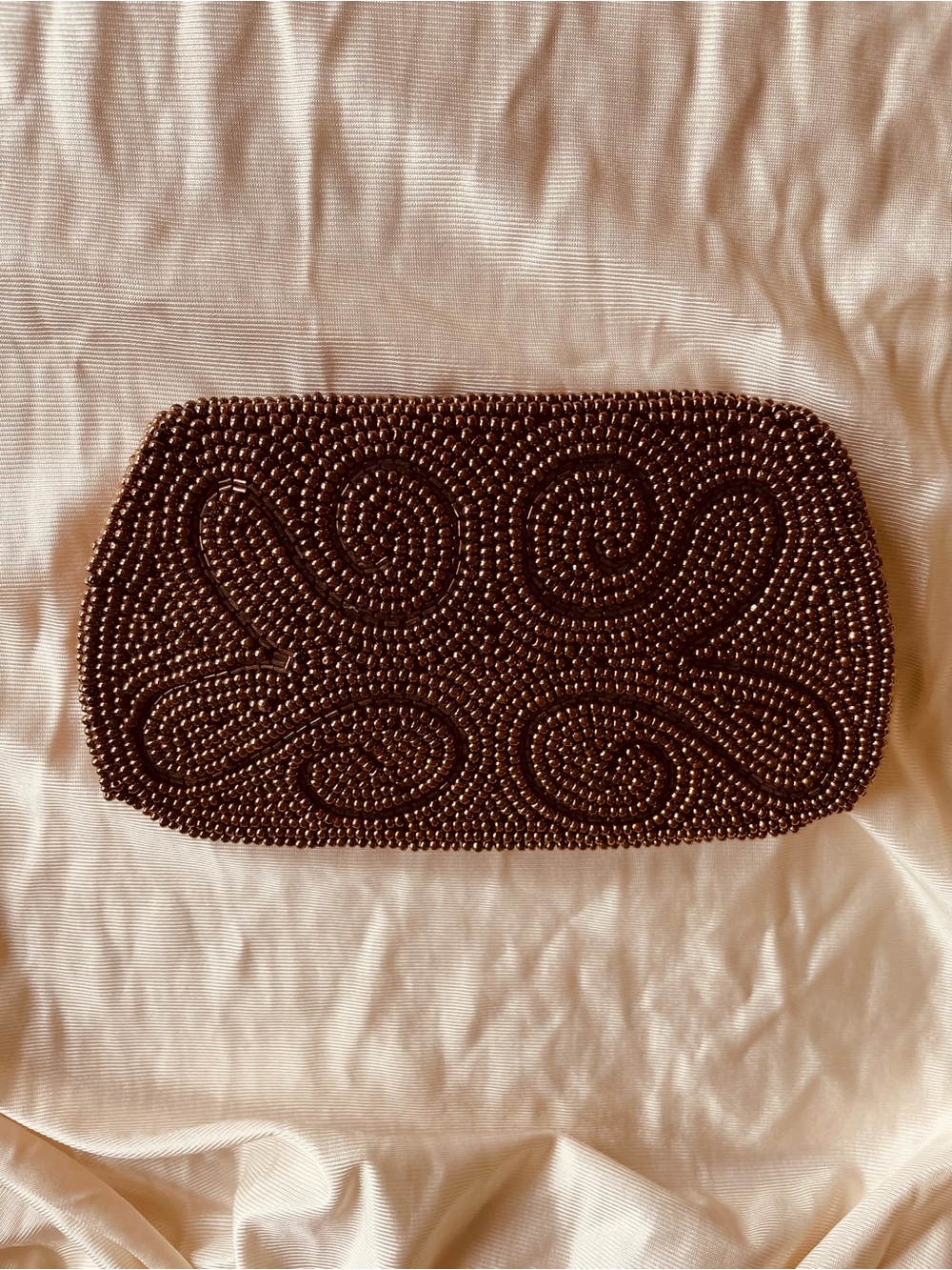 Vintage Beaded Decorative Chocolate Brown Zip Top Lined Clutch Bag. 4”X 6”
